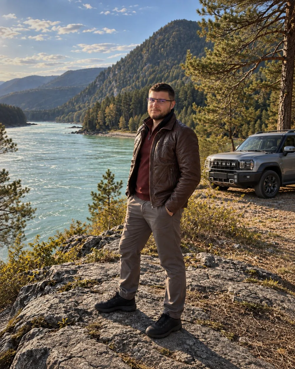 Артём на скале над Катунью, рядом его Jetour T2